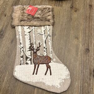 At Home Homespun Holiday Stocking Birch Trees‎ Deer Faux Fur Top Christmas NWT